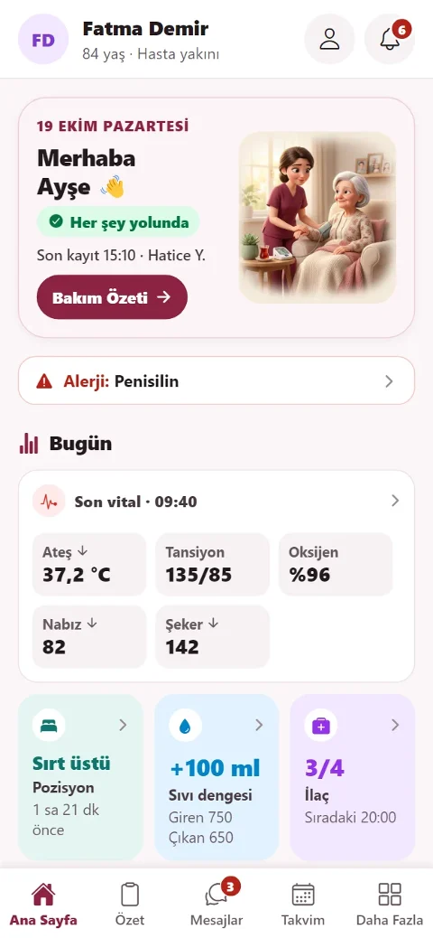 BakımBağ aile ekranı: hastanın durumu, son ölçümler, ilaç ve sıvı takibi